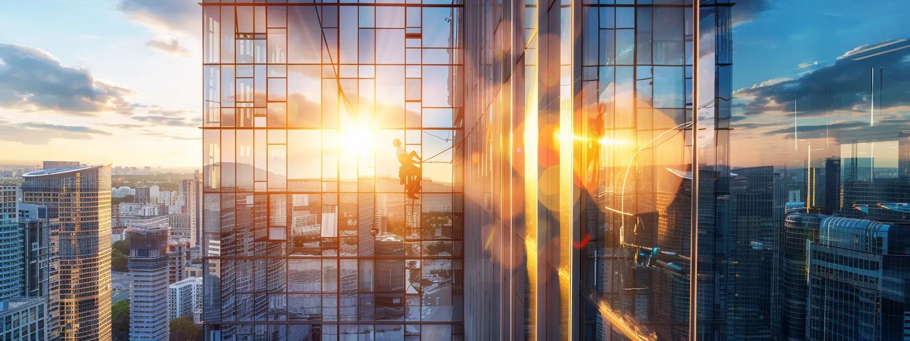 a professional window cleaner meticulously applies tailored techniques on a sleek, modern glass facade of a high-rise office building, showcasing the contrast between the reflective surface and the urban skyline behind it.