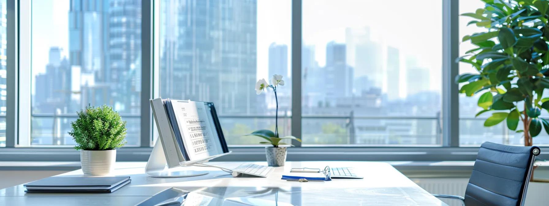 a well-organized, bright office space features a large, pristine window with a clear view, while a digital calendar on a sleek desk highlights scheduled appointments for professional window cleaning, emphasizing the importance of efficient booking and preparation.