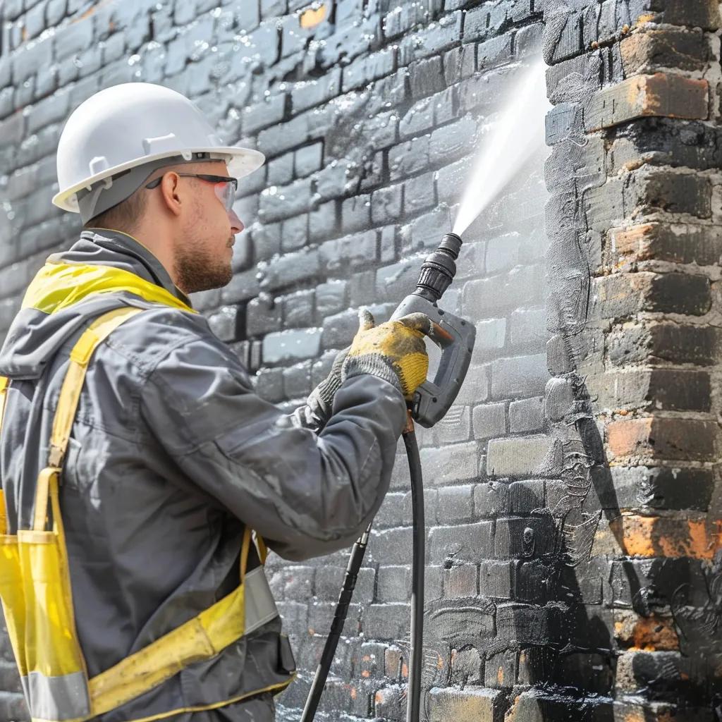 Technician pressure washing a brick façade, demonstrating the cleaning process and effectiveness of masonry restoration