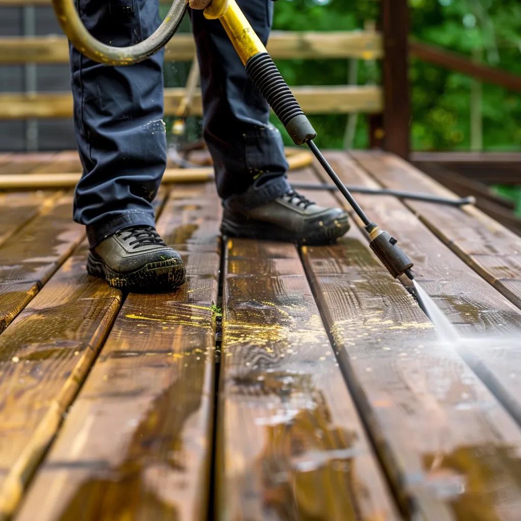 Professional soft washing technique being applied to a wooden deck for maintenance