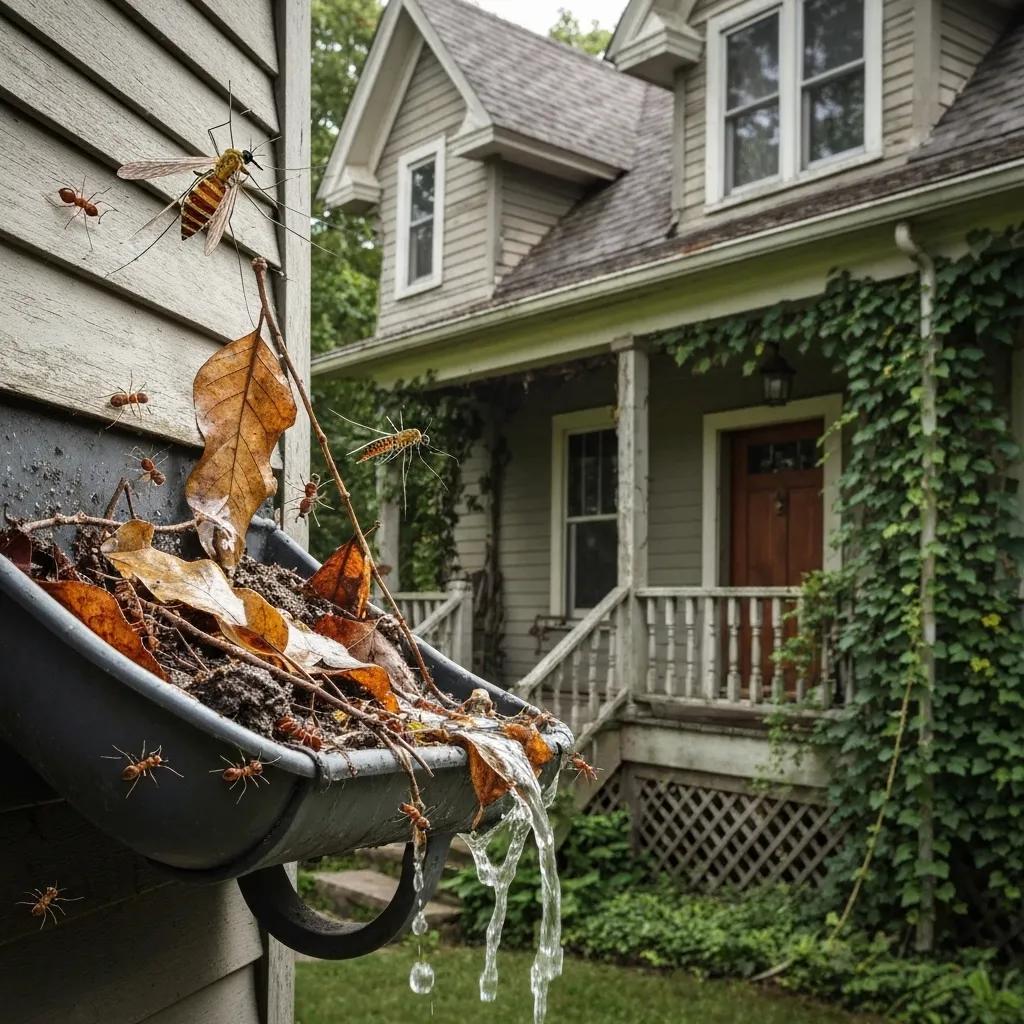Clogged gutters attracting pests, highlighting health risks and the need for regular cleaning