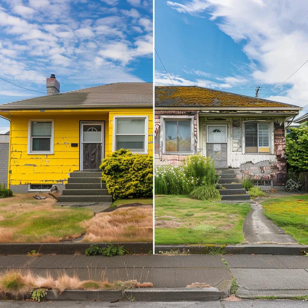 Comparison of a well-maintained home versus one with mold and decay, emphasizing the need for regular house washing