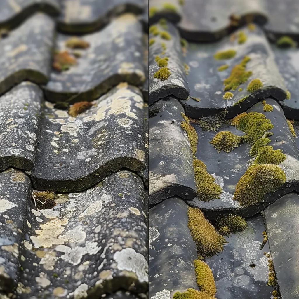 Comparison of a neglected roof with algae and moss versus a clean, well-maintained roof