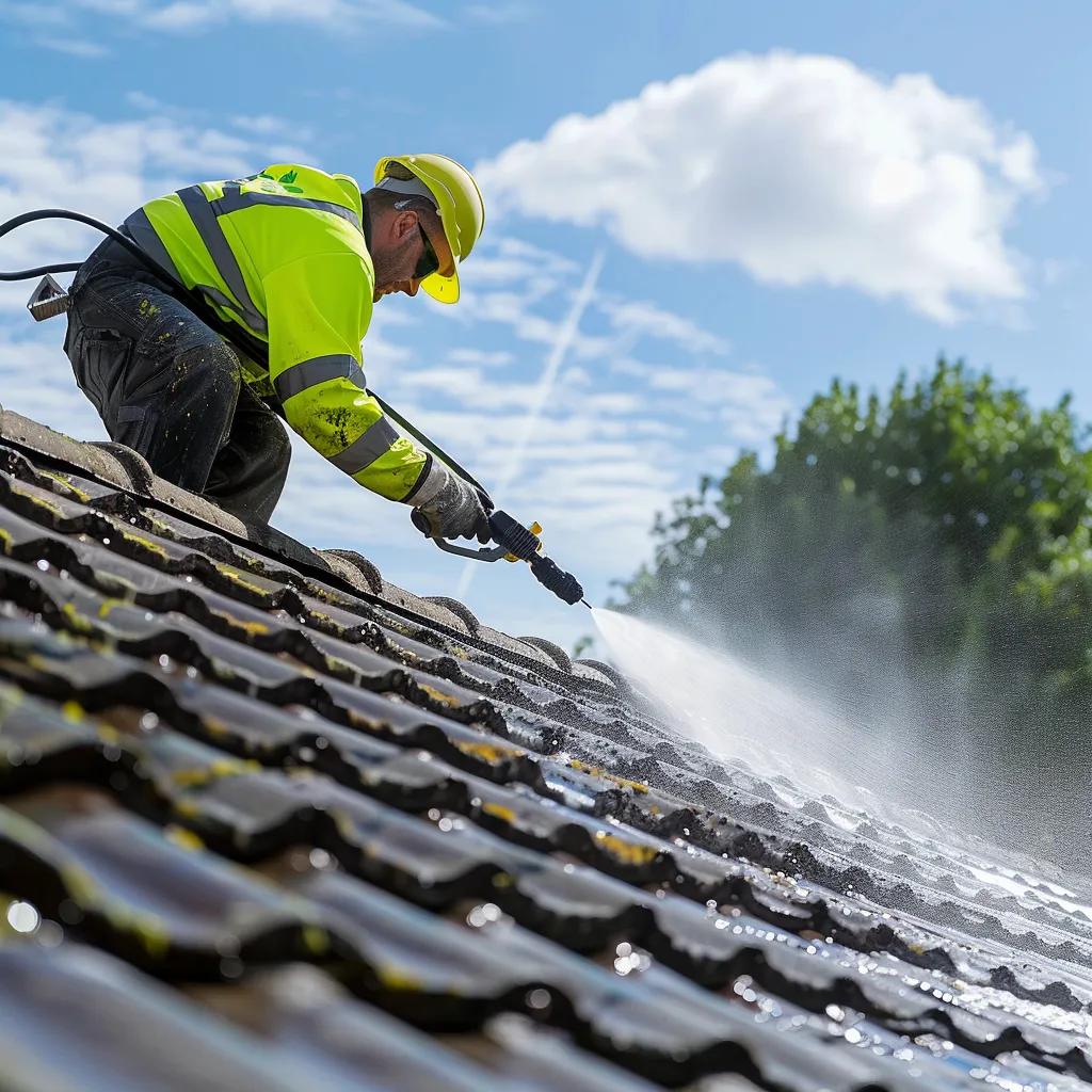 Technician performing soft washing on a roof using biodegradable cleaning solutions
