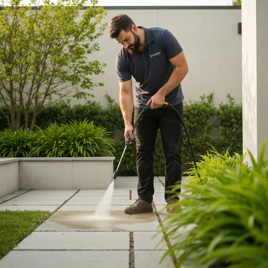 Applying soft wash solution to pavers, demonstrating gentle paver cleaning method