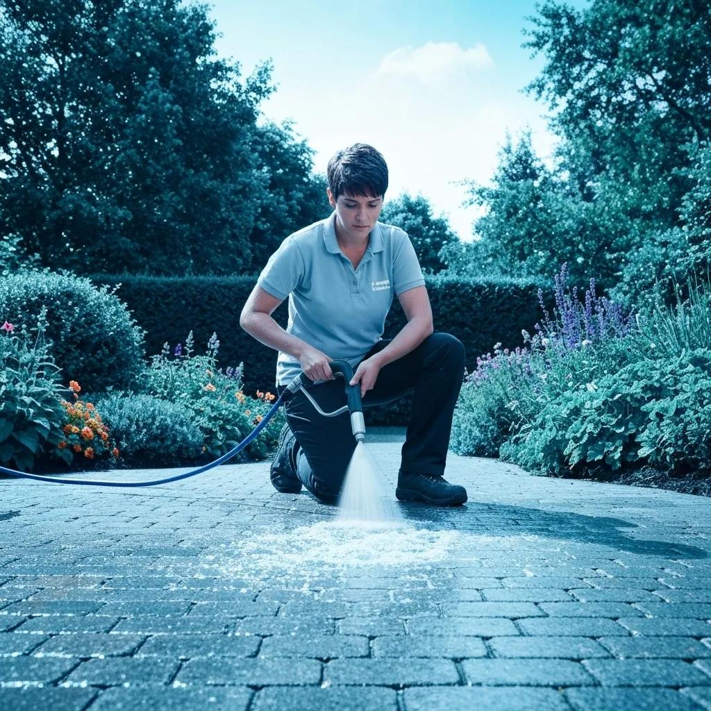 Technician using eco-friendly soft washing system on pavers, demonstrating gentle cleaning process paver sealing service