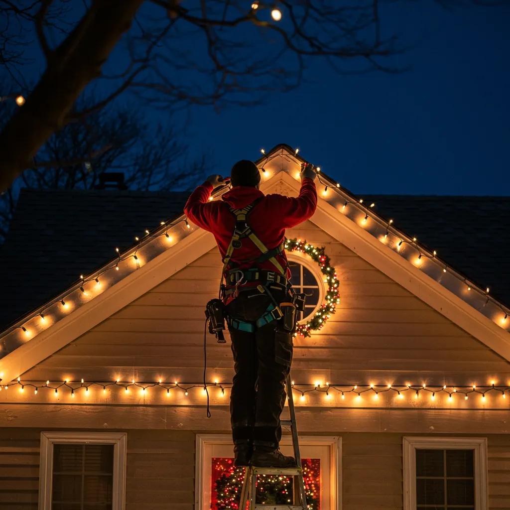 Professional installer using safety equipment while installing holiday lights on a roof