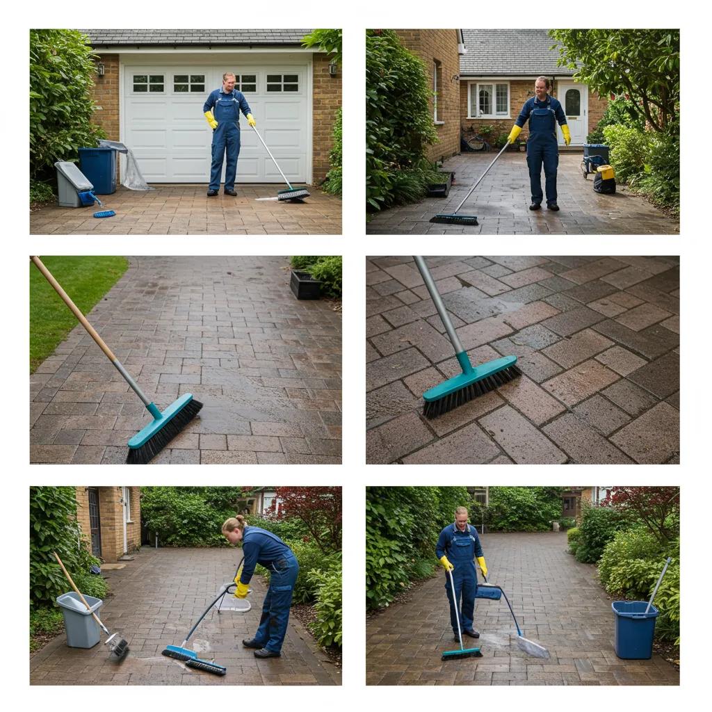 Visual representation of driveway maintenance tasks including sweeping and spot treatment after professional cleaning