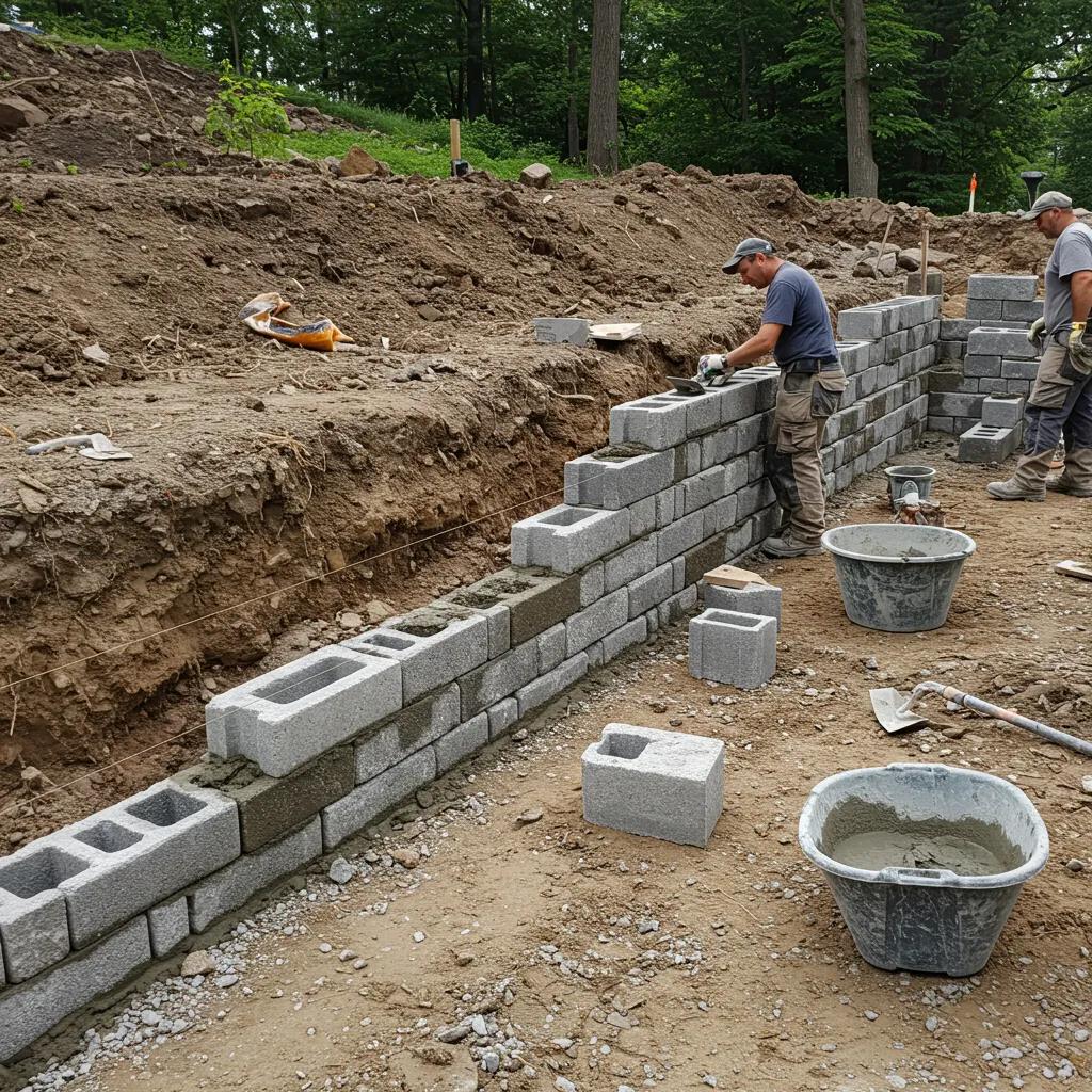 Long Island masonry contractors constructing a retaining wall with concrete blocks and mortar