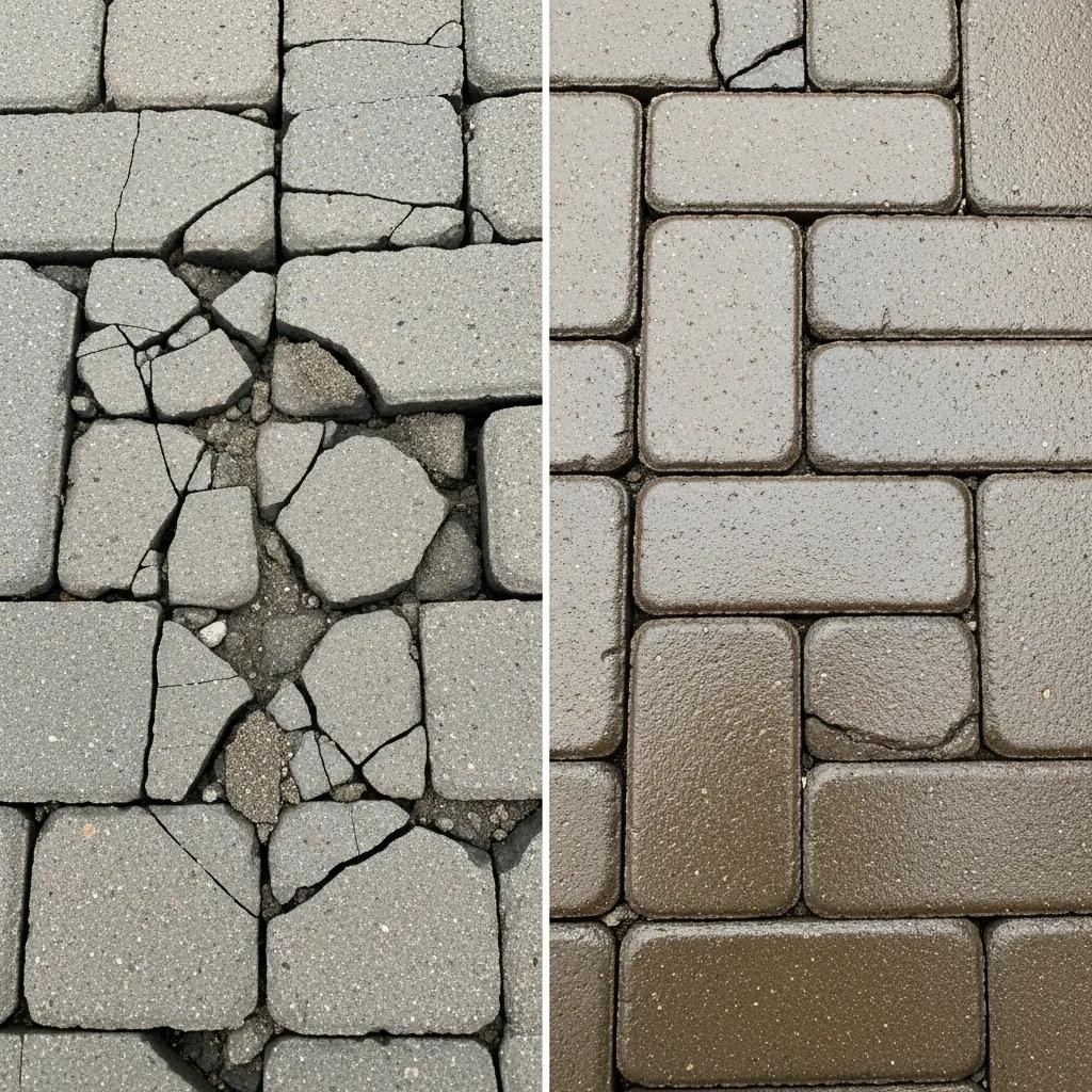 Comparison of damaged pavers from freeze-thaw cycles and well-maintained sealed pavers, highlighting winter-proofing importance