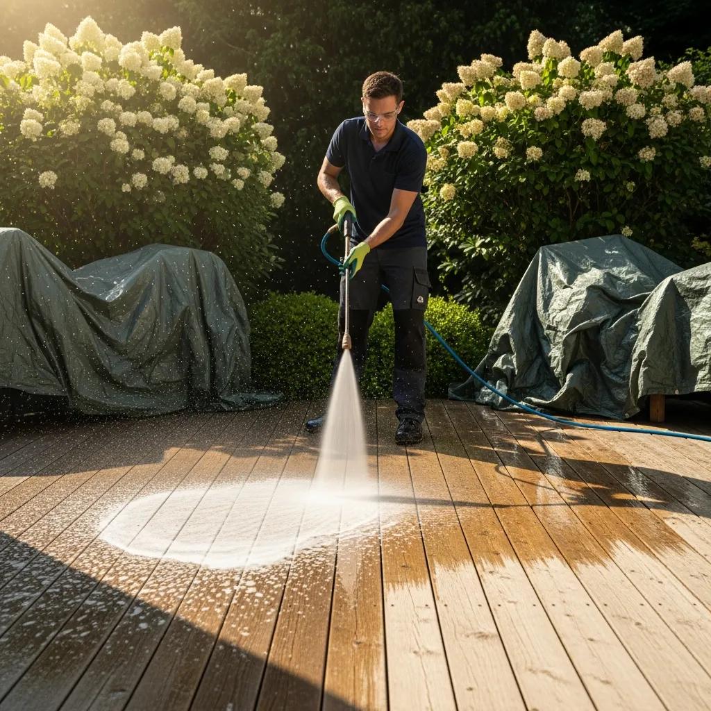 Professional technician performing eco-friendly soft washing on a deck restoration guide