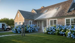 Roof cleaning Hamptons home with cedar and asphalt rooflines