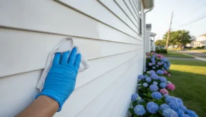 Technician checking chalky vinyl siding oxidation on a Long Island home
