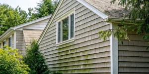 Green algae growing on shaded residential house siding in Long Island