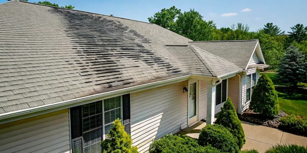 Black streaks visible on a Long Island home's asphalt roof