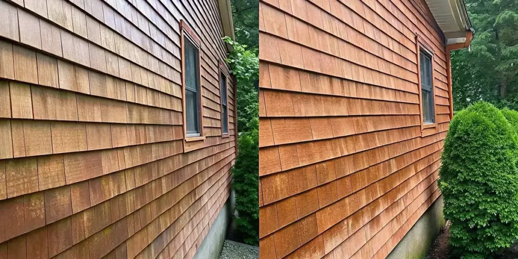 Professional evaluating cedar shingle soft washing on a Long Island home