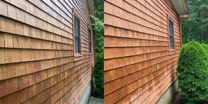 Professional evaluating cedar shingle soft washing on a Long Island home