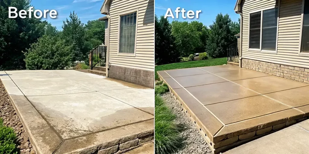 Freshly cleaned poured concrete patio on Long Island
