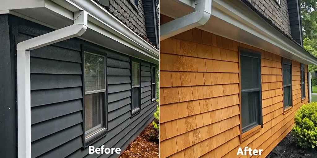 Long Island home with bright white gutters and visible tiger stripe staining