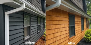 Long Island home with bright white gutters and visible tiger stripe staining