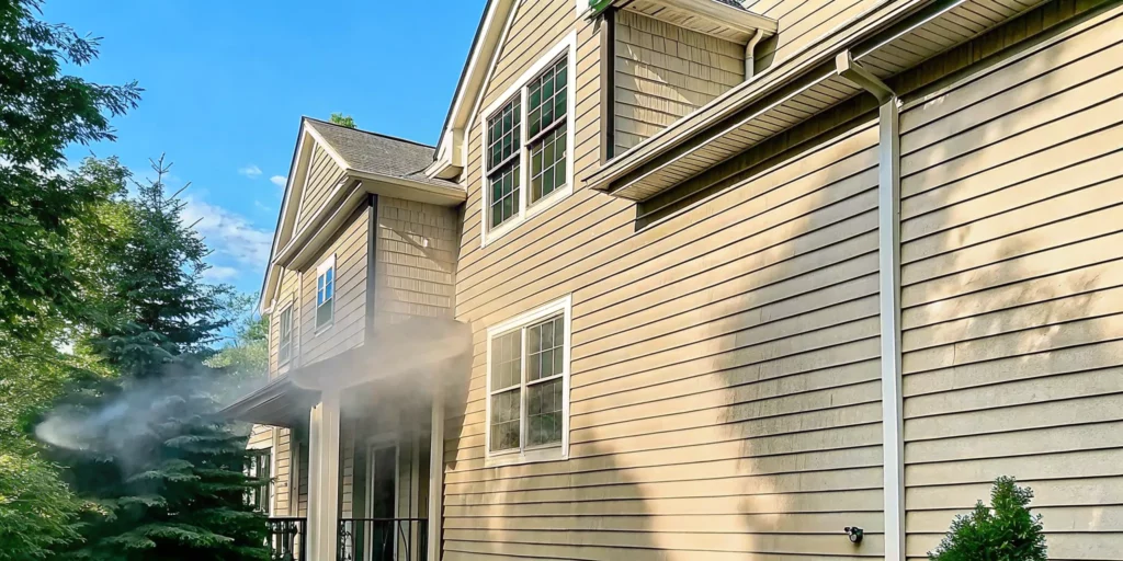 Professional soft washing a Long Island home exterior
