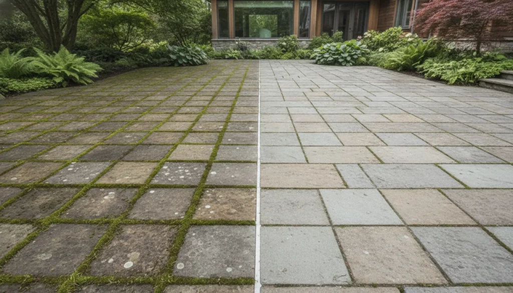 Mossy and professionally cleaned stone pavers