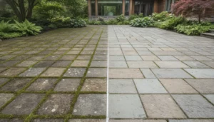 Mossy and professionally cleaned stone pavers