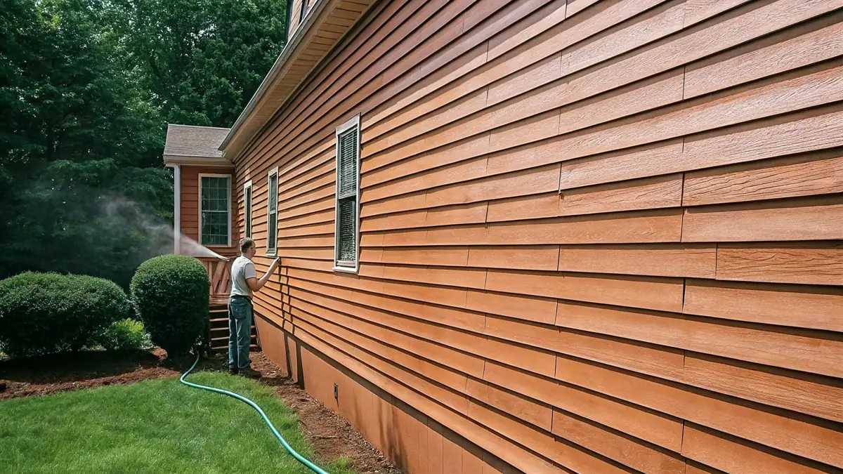 Technician applying low-pressure house washing treatment to residential siding