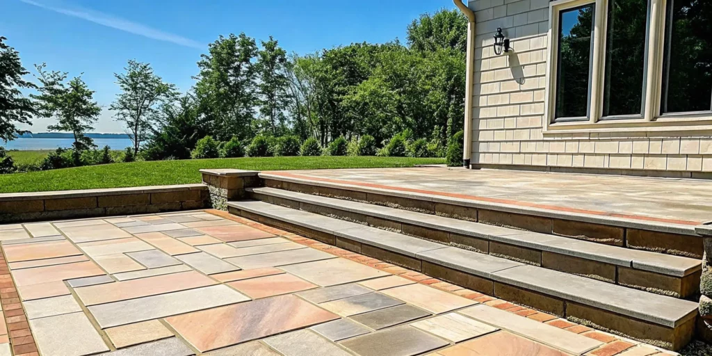 A beautifully sealed luxury brick paver patio in a Long Island backyard
