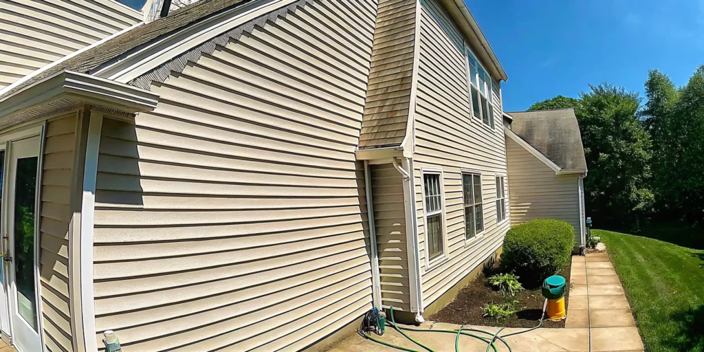 Professional soft washing a Long Island home exterior