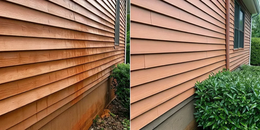 Close-up comparison of oxidation and dirt on vinyl siding