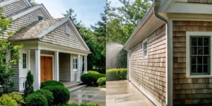Cedar shake roof and siding restoration on a luxury Hamptons home using soft washing techniques
