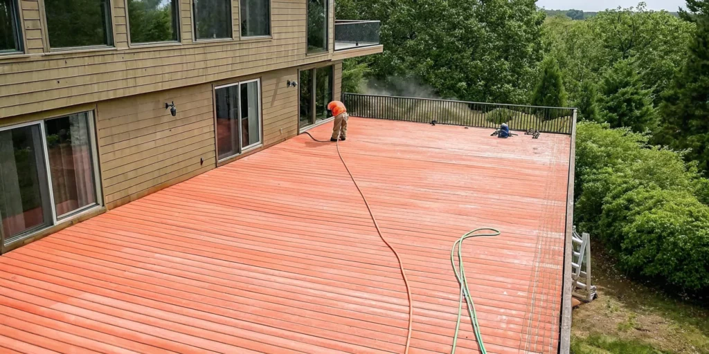 Luxury Hamptons coastal home with cedar siding and wood deck overlooking the Atlantic Ocean with salt spray and professional soft washing in progress