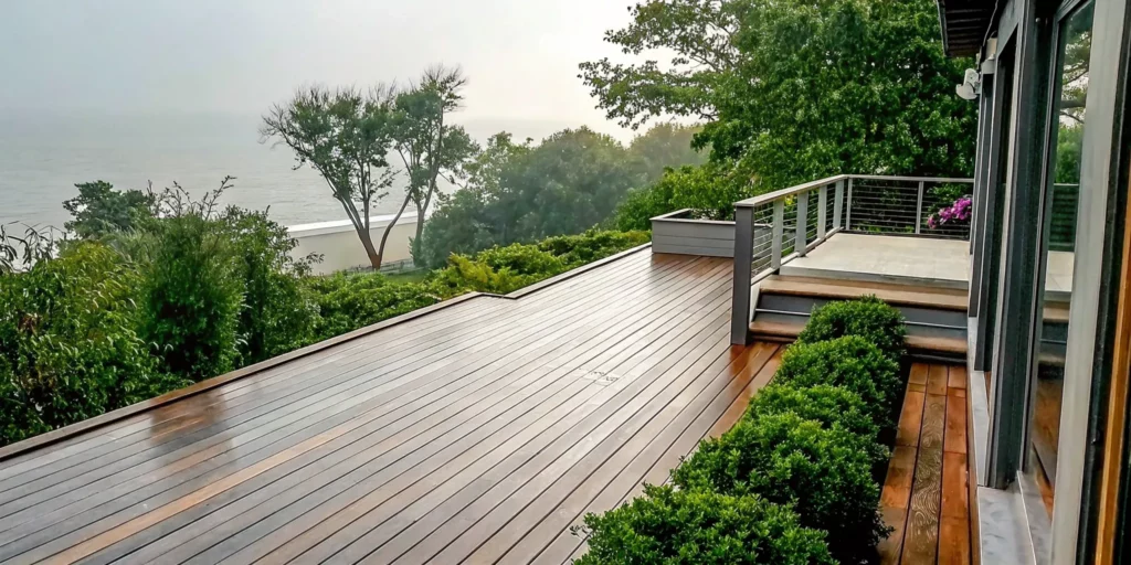 Luxury hardwood Ipe deck on a Hamptons waterfront property with coastal landscaping