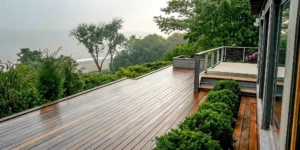 Luxury hardwood Ipe deck on a Hamptons waterfront property with coastal landscaping
