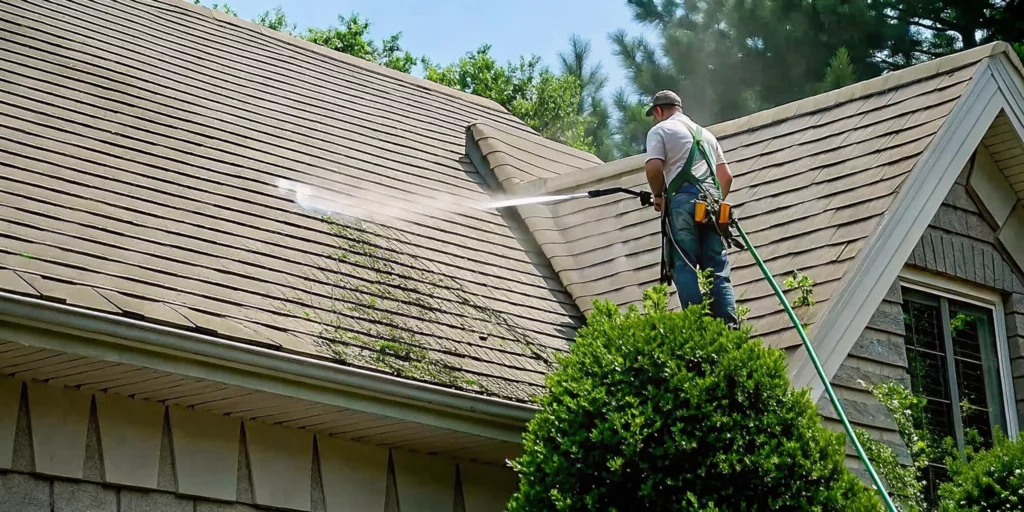 Professional roofer soft washing a residential roof to remove moss and algae on Long Island