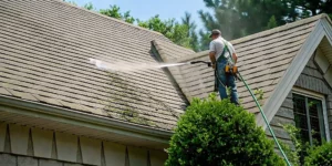 Professional roofer soft washing a residential roof to remove moss and algae on Long Island