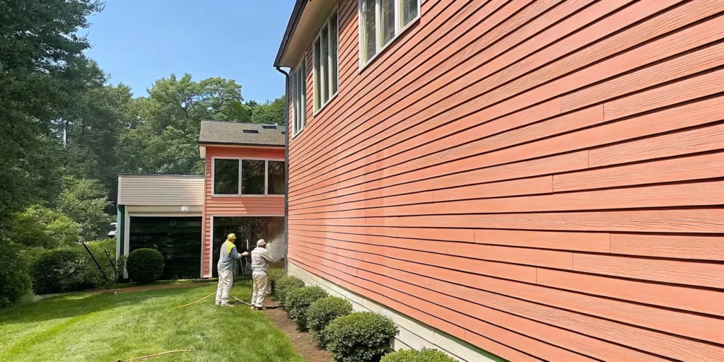 Professional soft washing technicians cleaning a luxury Long Island home exterior with coastal landscaping and blue sky