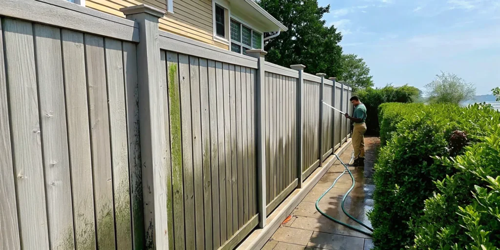 Professional soft washing a wooden fence on a luxury Long Island property