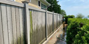 Professional soft washing a wooden fence on a luxury Long Island property
