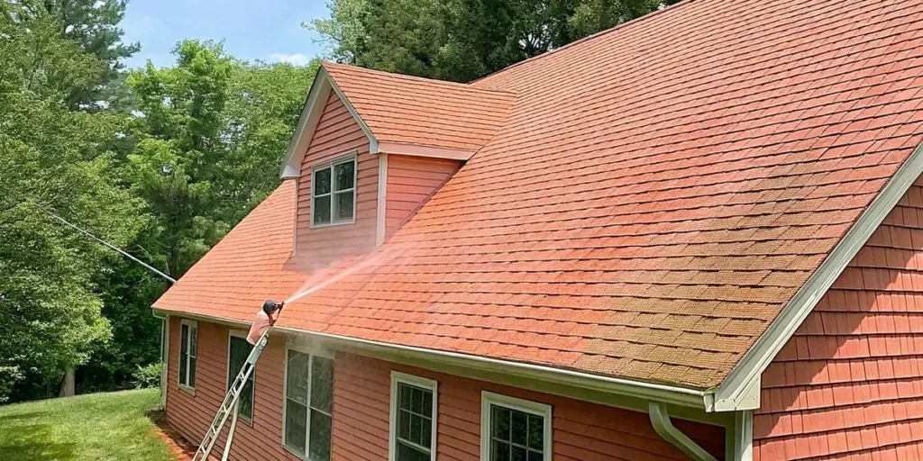 Soft wash roof cleaning on a Long Island home with low-pressure spray removing algae and moss