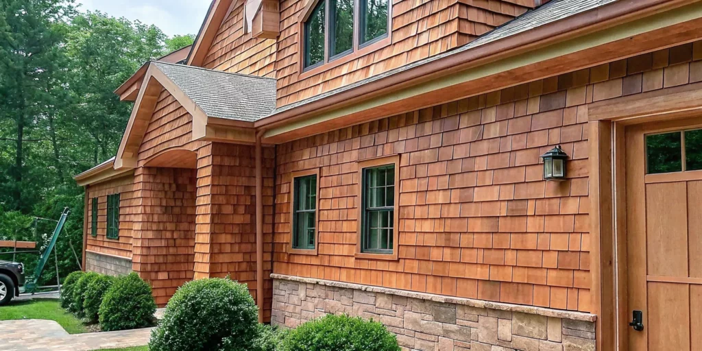 Professional exterior cleaning crew soft washing a luxury Long Island colonial home with cedar siding