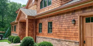 Professional exterior cleaning crew soft washing a luxury Long Island colonial home with cedar siding