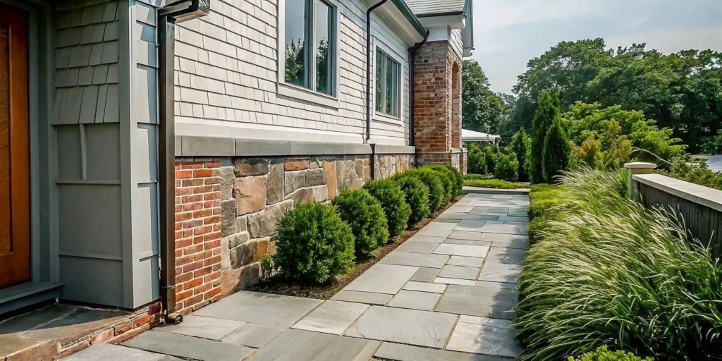 Professional soft washing masonry cleaning on a Long Island brick and stone home exterior