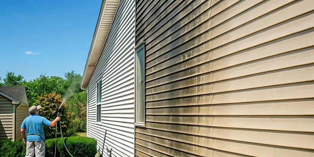 Professional soft wash technician cleaning algae and mildew stains off vinyl siding on a Long Island home