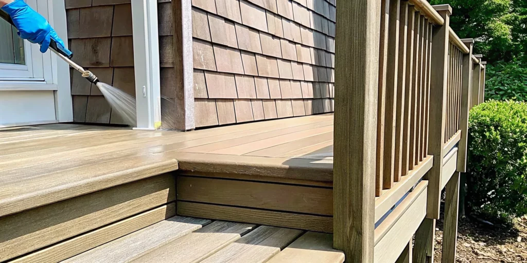 Luxury Ipe wood deck on a coastal property being restored with professional soft washing and oil treatment