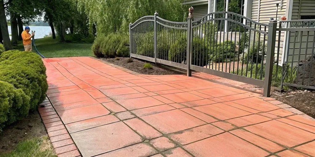 Professional exterior cleaner assessing orange rust stains on concrete driveway in coastal Long Island neighborhood