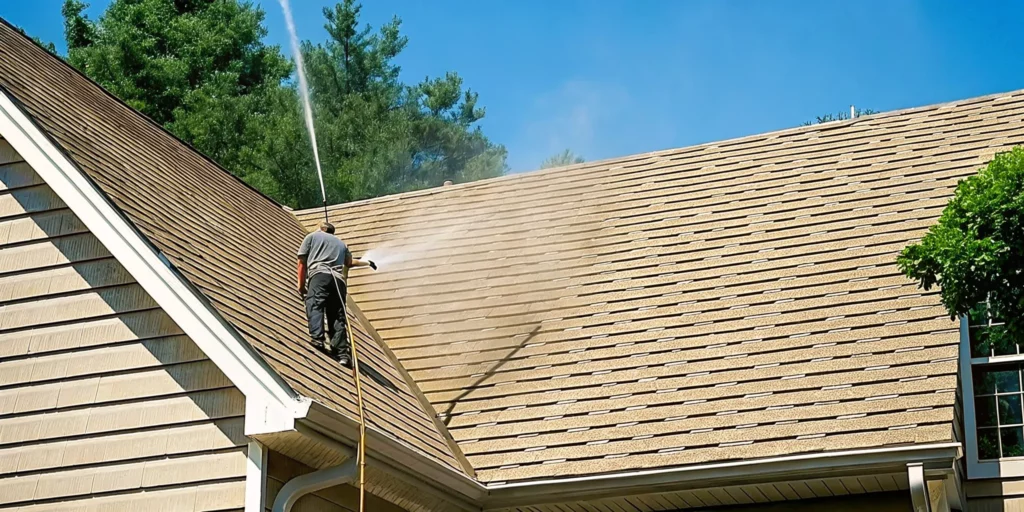 Professional soft washing technician cleaning a residential roof with low-pressure equipment and biodegradable solution