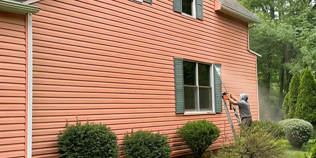 Professional technician soft washing home siding with eco-friendly cleaning solution