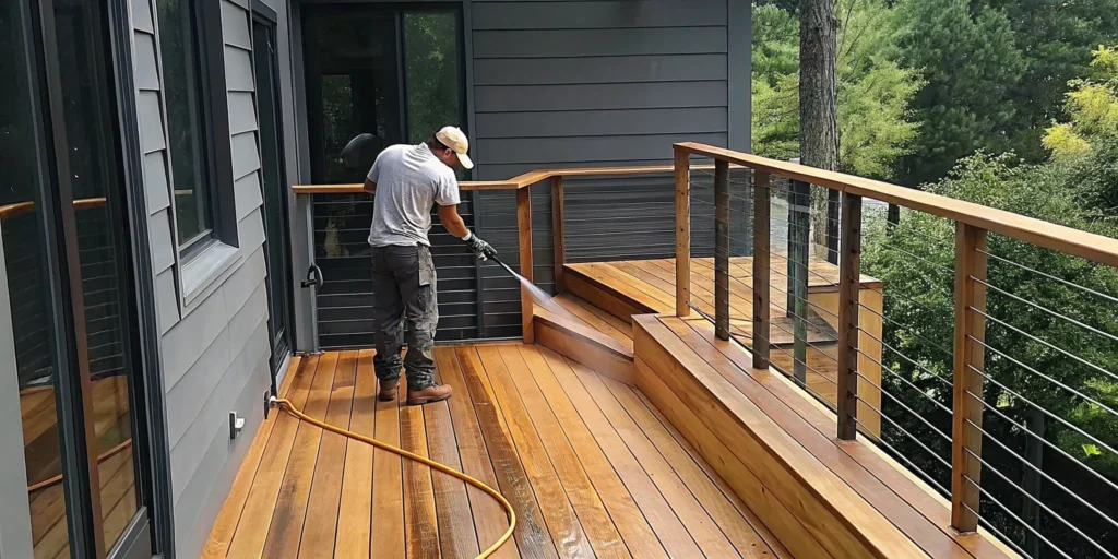 Professional exterior cleaner applying protective oil to a cedar deck on a coastal Long Island property in autumn